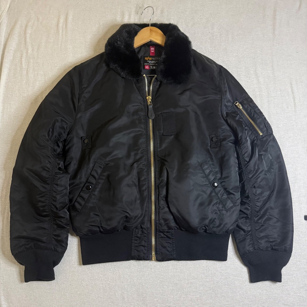 Alpha Industries B-15 Jacket Men Large Black Slim Fit Faux Fur Collar Bomber